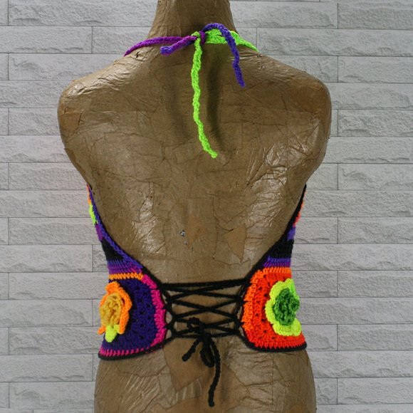 HAND CRAFTED Crop Top Crochet Halter Granny Square Floral 3D Festival Rave - Picture 5 of 13
